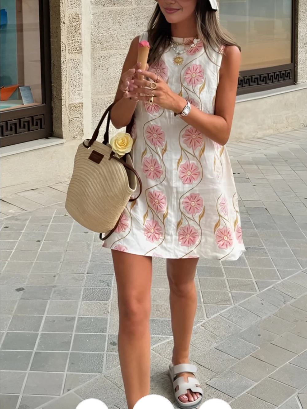Commense White Mini Dress with Pink Floral Appliqué